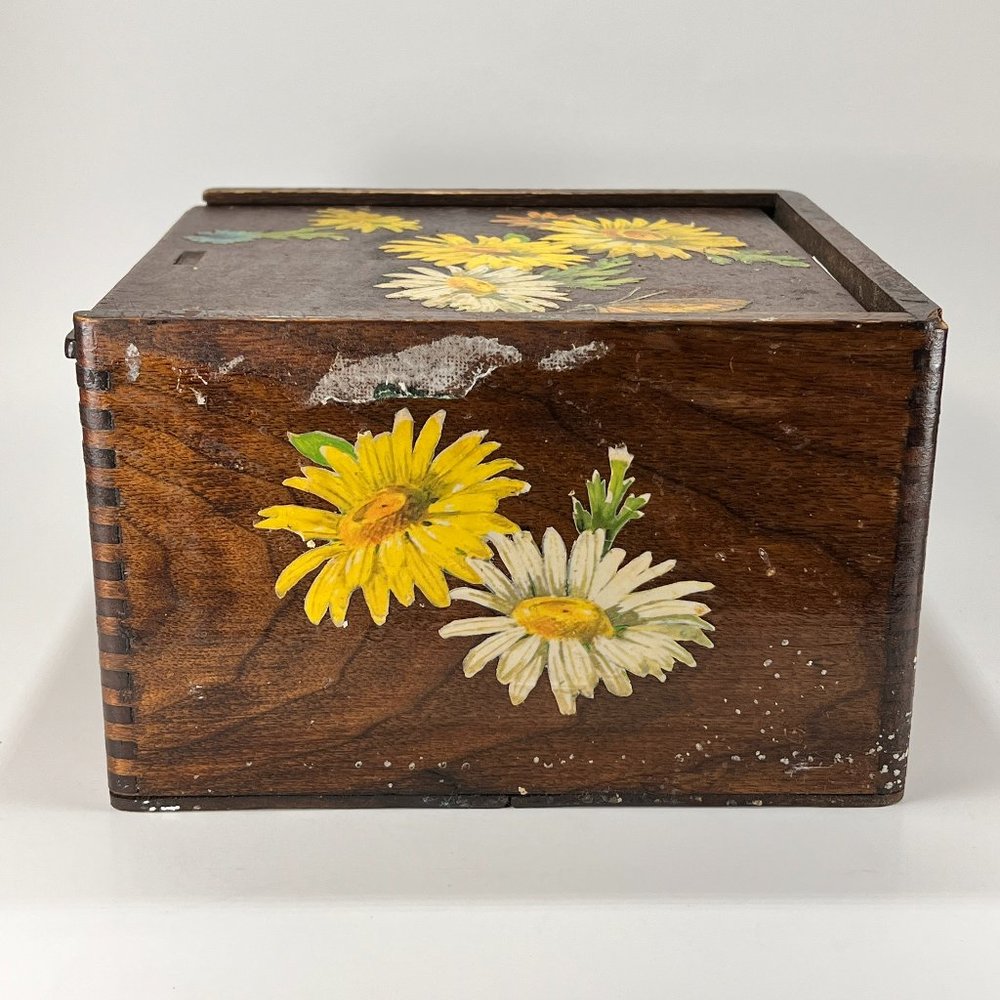 Vtg Handcrafted Finger Joint Wood Floral Recipe Box With Recipes Farmhouse - Picture 2 of 16